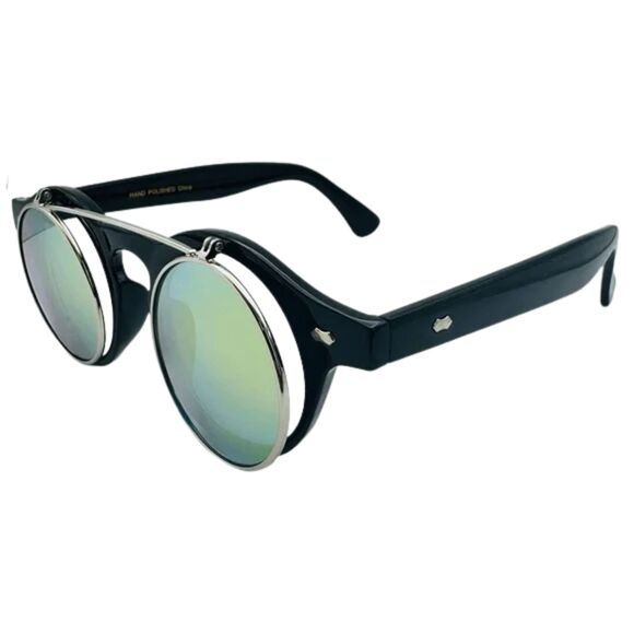 6112 | Gold Mirror Lens Flip Up Circle Sunglasses - Picture 3 of 6